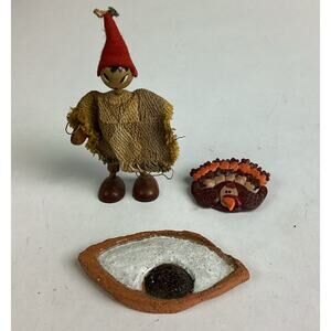 Wooden Handmade Doll, Handmade Turkey Pin & Hand Painted Eyeball Pottery